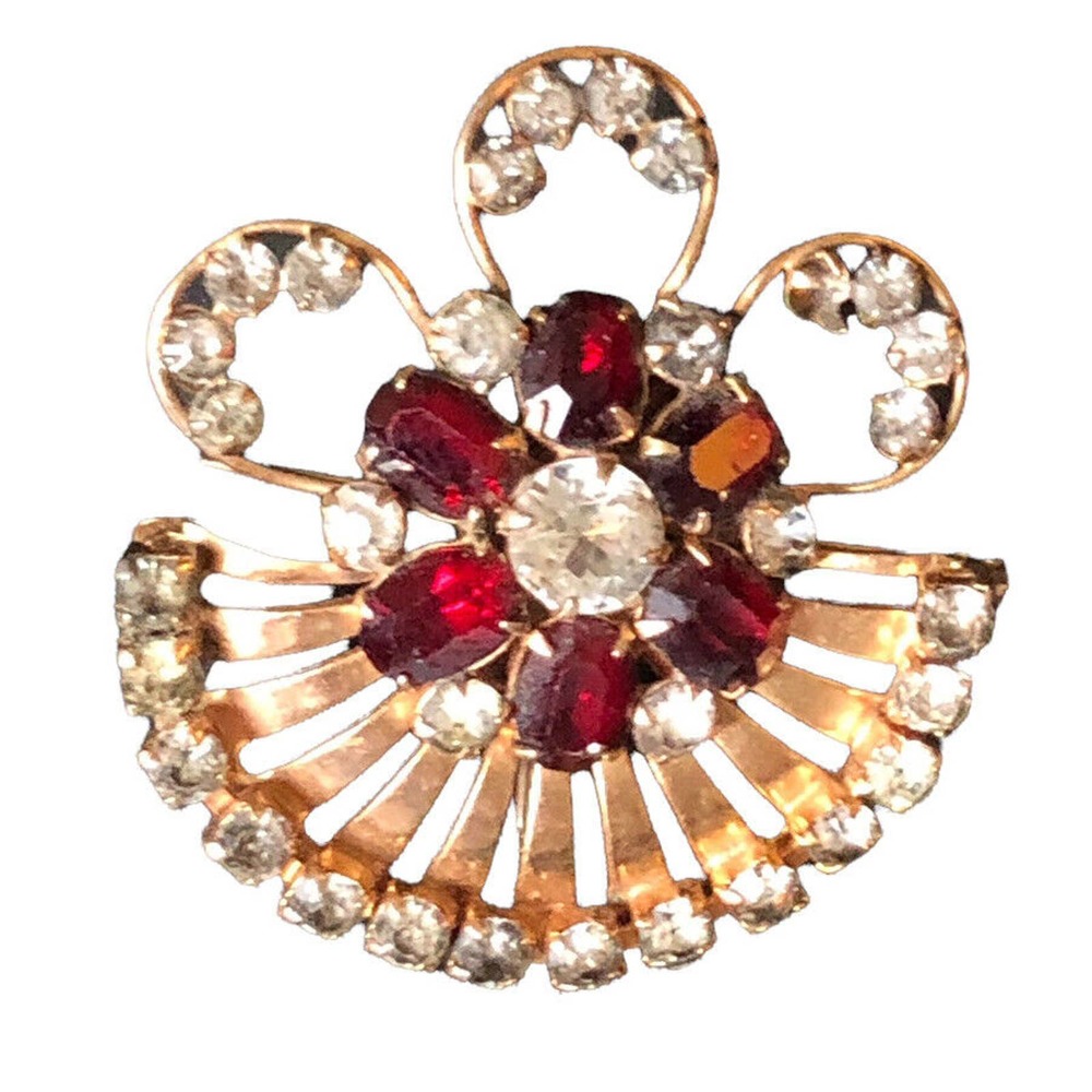 Scitarelli Signed Art Nouveau Gold Tone Brooch Ruby Color with Clear Rhinestones